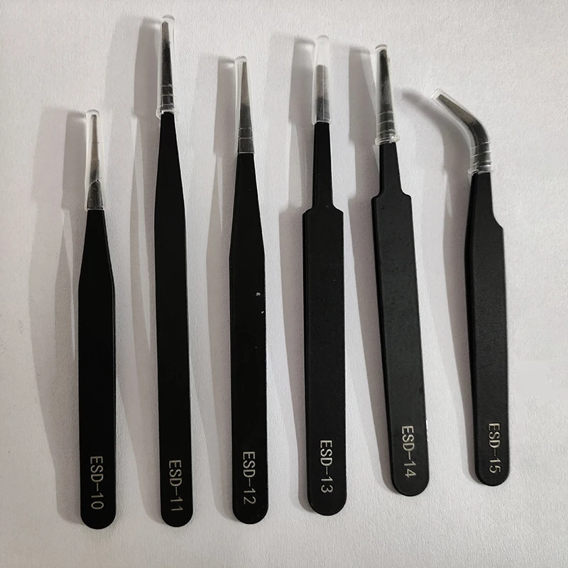 6pcs Anti-Static Stainless Steel Tweezers Precision Maintenance Industrial Repair Curved Working Model Making Hand Tool ESD-15