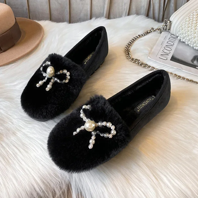Thick Sole Round Toe Warm Plus Velvet Cotton Shoes Women Fashion Bow Tie Anti-slip Pearls Loafers Plus Size  Zapatillas 2023