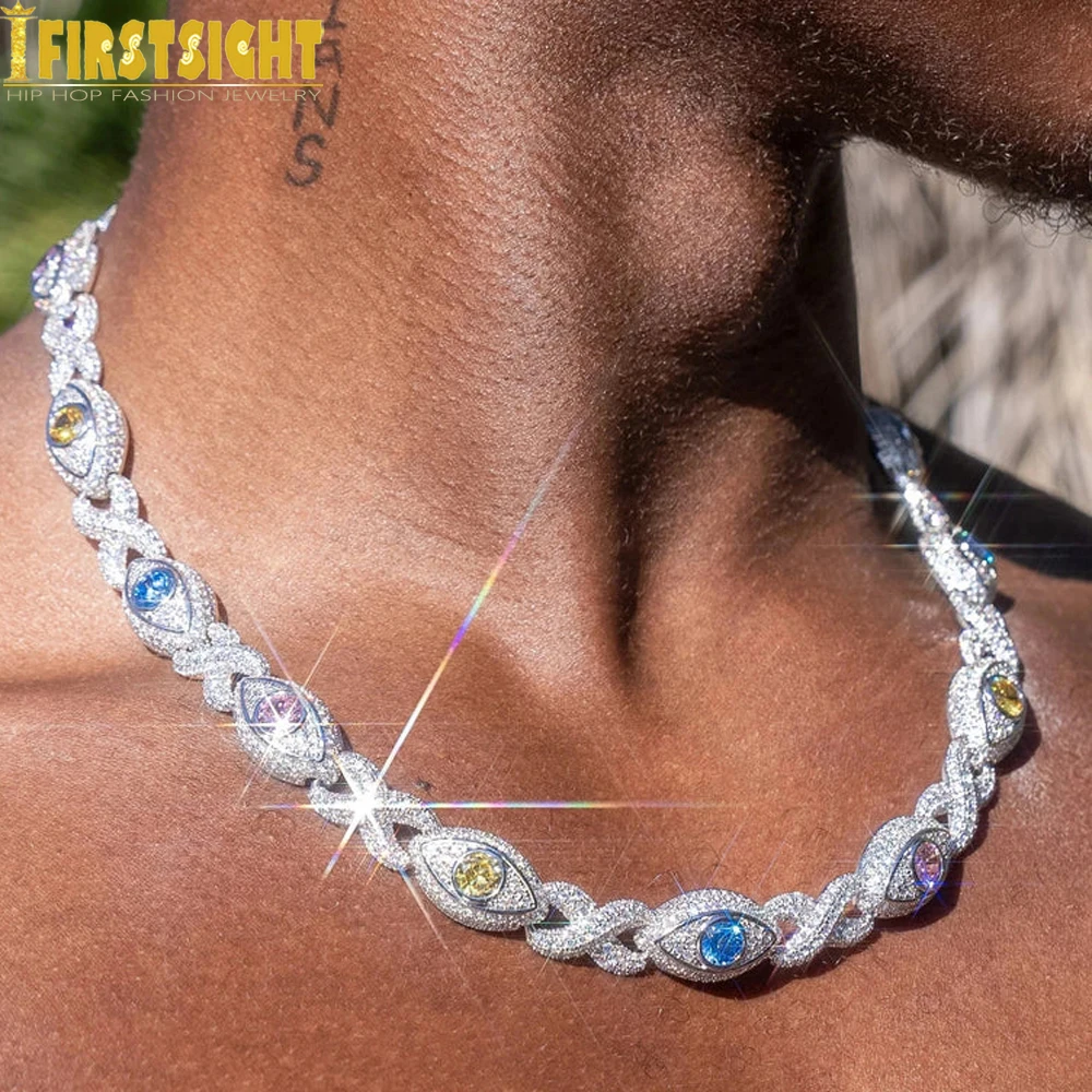 New Iced Out Multi Color Eyes Infinity Link Chain Necklace Micro