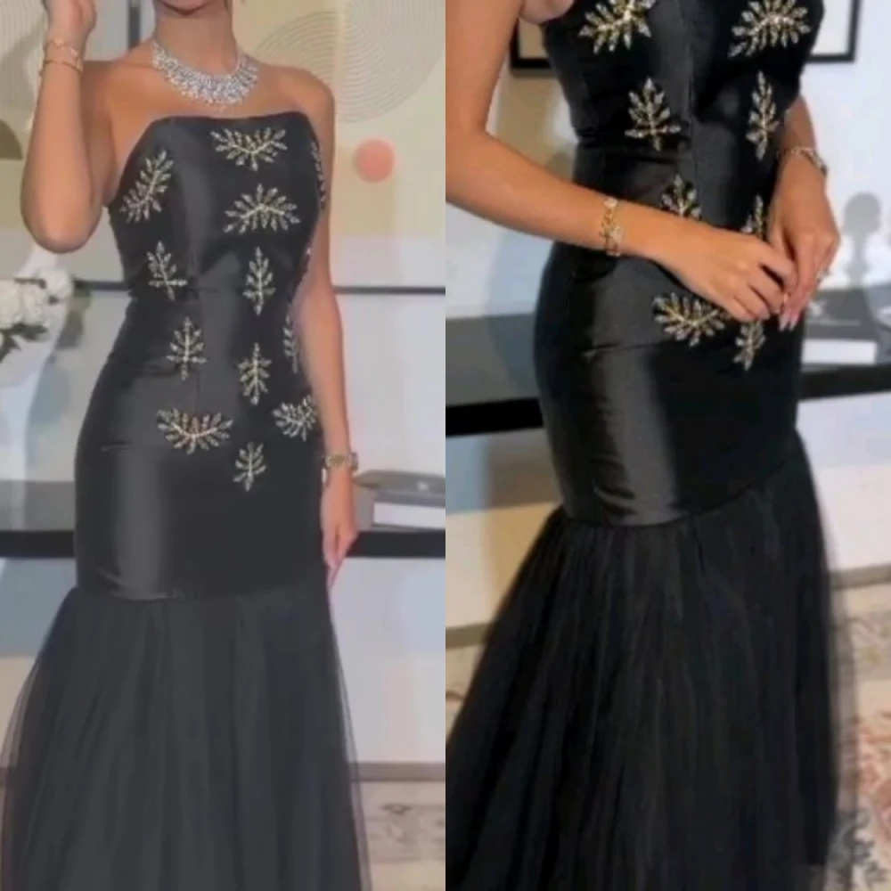 

Sexy Strapless Mermaid Floor Length Evening Dresses Rhinestone Applique Tulle Satin Formal Occasion Gown for black