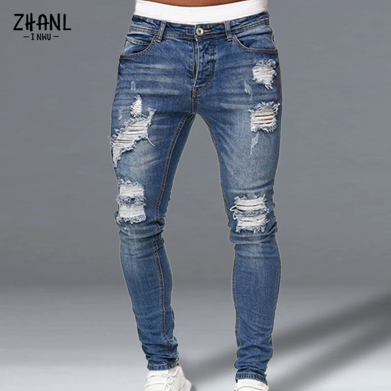 Ripped Skinny Jeans Mens Hip Hop Hole Pencil Pants Casual Trousers Streetwear High Quality Jeans Distressed Denim Men Clothing