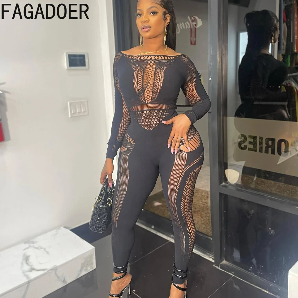 

FAGADOER Black Sexy Thicker Lace Perspective Bodycon Nightclub Jumpsuits Women Long Sleeve Hole Slim Playsuits Fashion Overalls