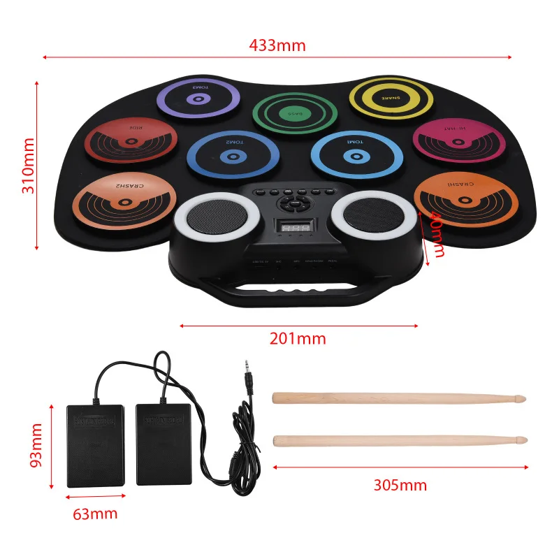 Portable Electronic Drum Hand-rolled Silicone Drum Set Built-in Speaker LED Display Monitorable with Foot Pedal USB or Battery portable drum pad,virtual drum kit