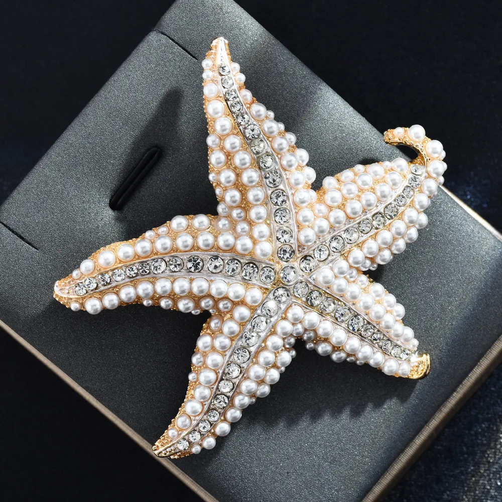 Vintage Women Men Fashion Exquisite Pearl Crystal Seastar Brooches Badges Elegant Lady Party Wedding Sea Animal Pines Buckles