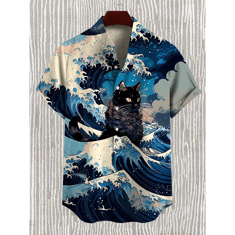 Men's Japanese Ukiyo-e Wave Bottle Cat Art Printed Casual Shirt Harajuku Summer Button Down Casual Shirts Holiday Couple Tops