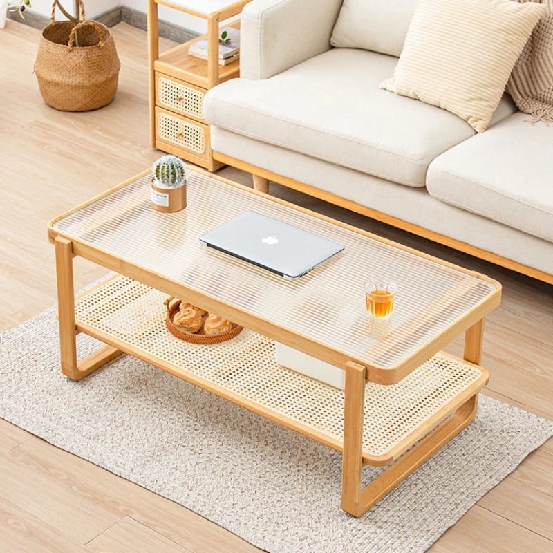 Wood Living Room Coffee Table Modern Rattan Rectangular Coffee Table Patio Rustic Basse Ronde De Salon Home Bar Furniture