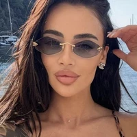 Petites lunettes de soleil polygonales sans monture pour femmes, lunettes de soleil en losange marron, lunettes vintage, nuances en métal, marque de luxe, mode 3