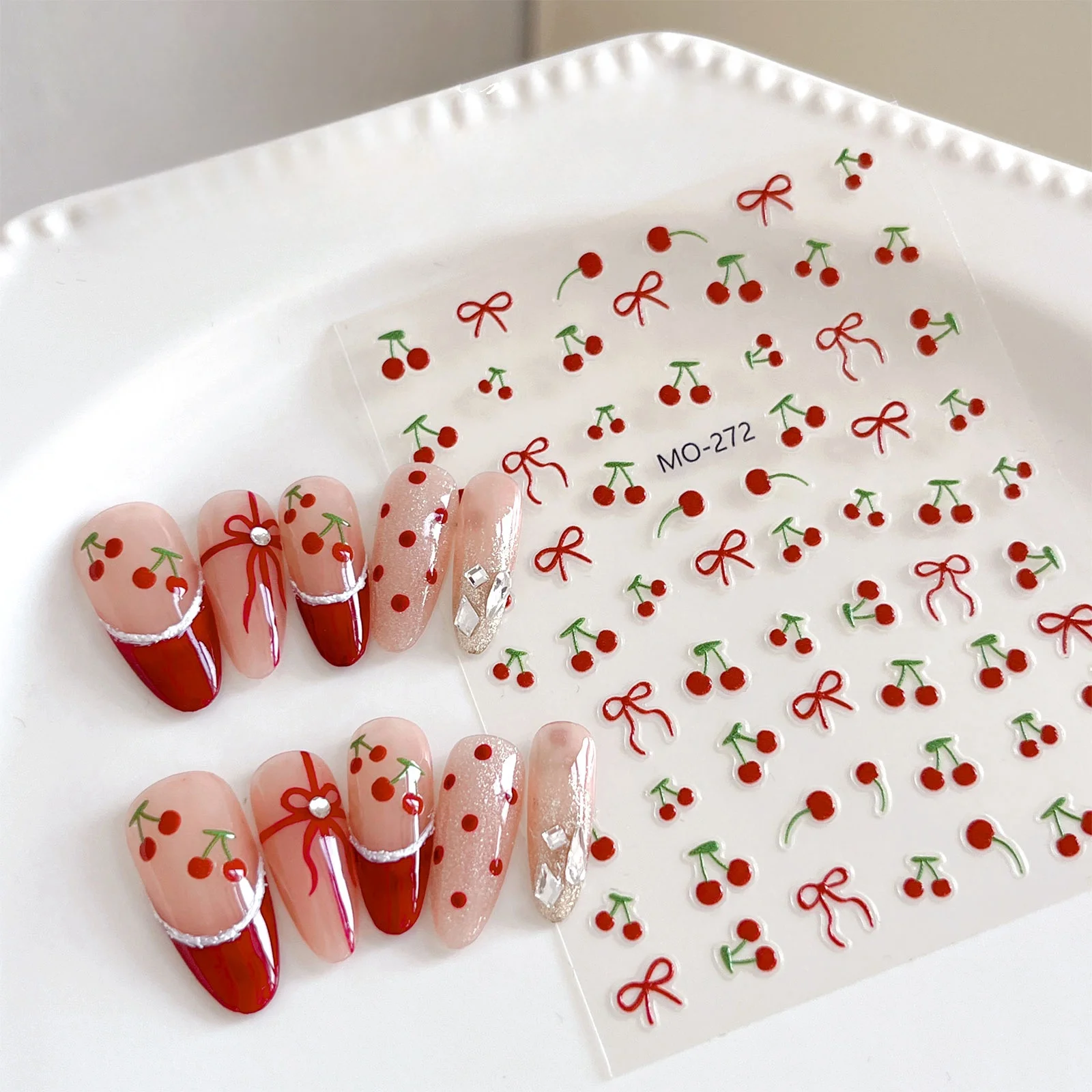Kawaii Cherry Bow Nail Stickers 1 Piece 5D Fruit Design Adhesive Decorative nail stickers Nail Art
