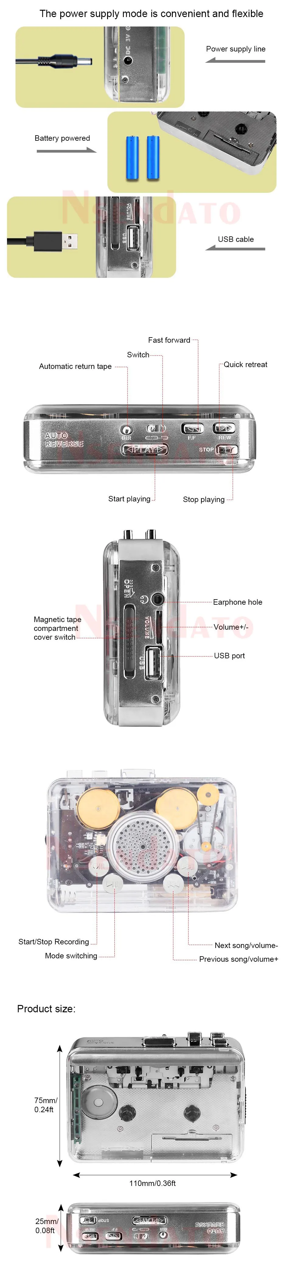 Transparenter USB-Kassettenspieler und Kassetten-zu-MP3-Konverter USB-Kassetten-Musik-Audioplayer mit Lautsprecher für USB-Sticks – Detail 4