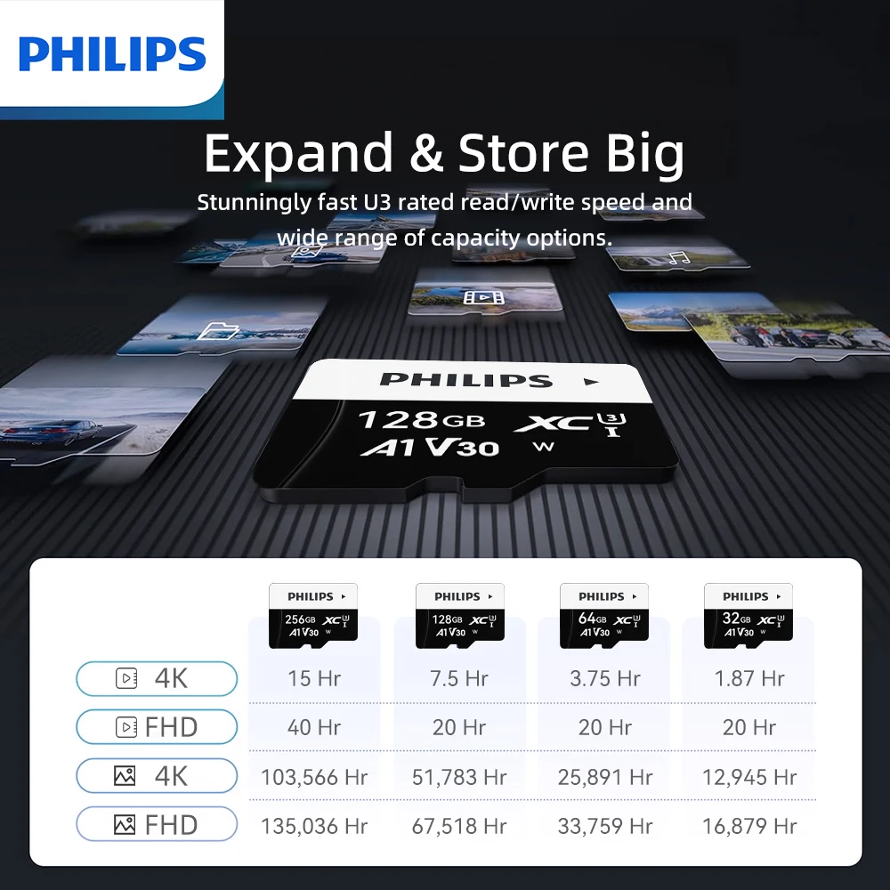 필립스 TF 메모리 카드 8GB-512GB 부드러운 녹화, 안정적인 파일 저장, 카메라, 휴대폰, 컴퓨터, 모니터용 범용 카드