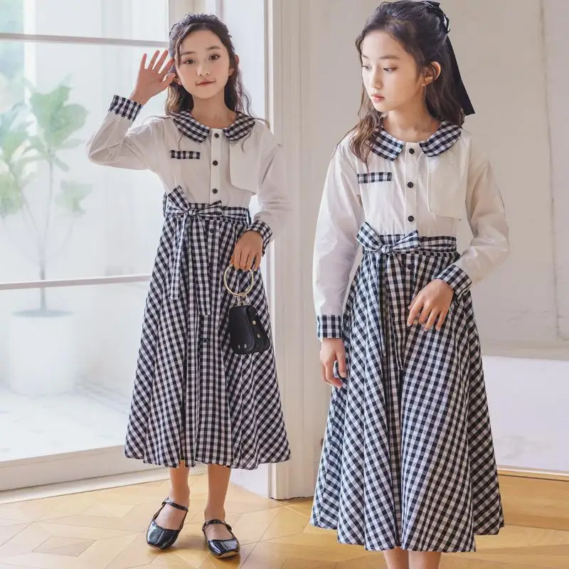 

2023 AncoBeal Junior Girls Vintage Autumn Dress Teenage Girl Long Sleeve Plaid Shirt Dresses Children French Stylish Frocks