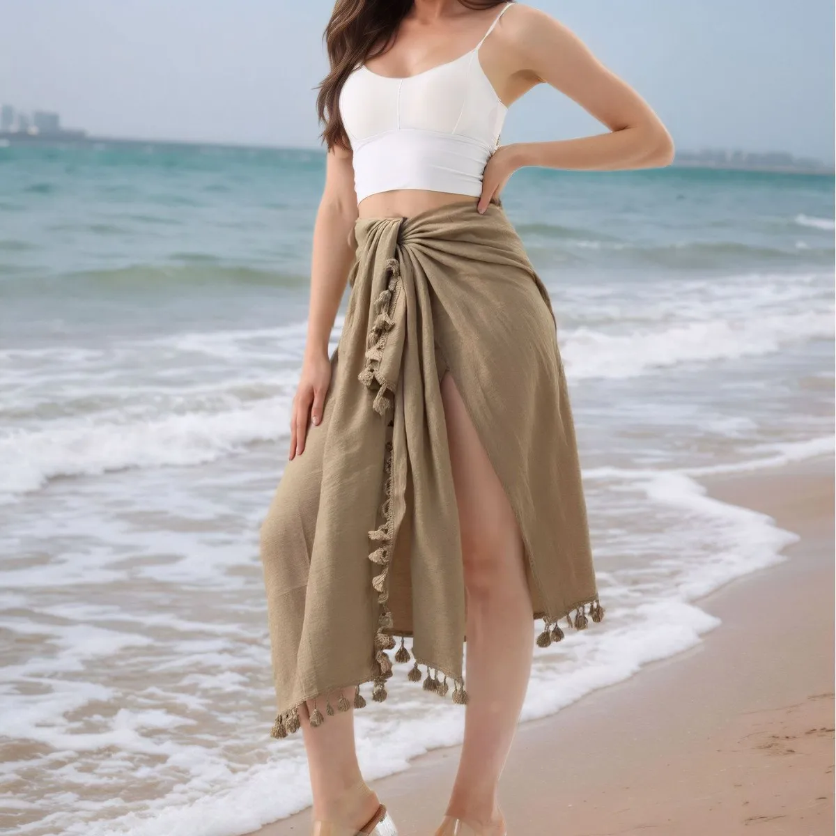 Women's Sexy Sheer Tassel Trim Knot Side Bikini Cover Ups Beachwear Sarongs Beach Wrap Quick-drying Chiffon Bikini Cover-Ups 4