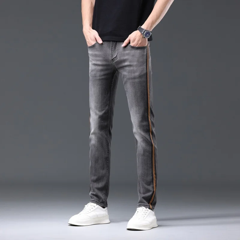 Sports Line Design Jeans Grigi Da Uomo Eleganti Semplici E Versatili Street Straight Slim Fit Stretch Feet Pants