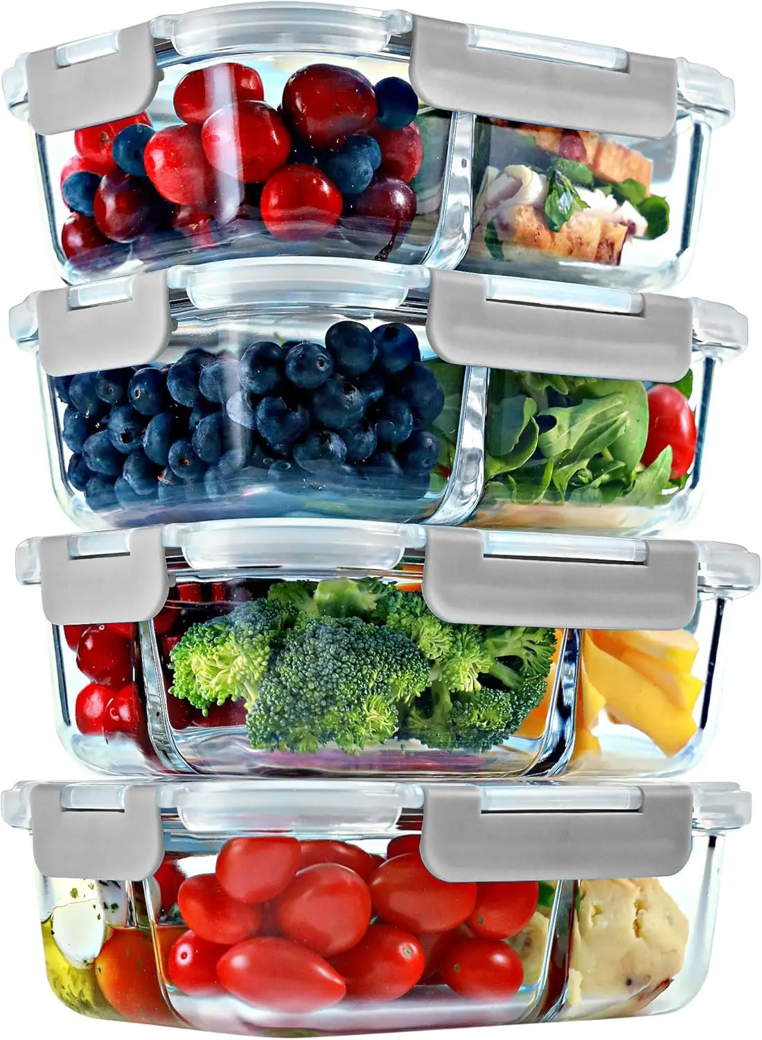 Glass Meal Prep Containers, 2 & 3 Compartments-Portion Control, Lunch Container Set, Food Storage, Airtight Lids, Oven & Freez