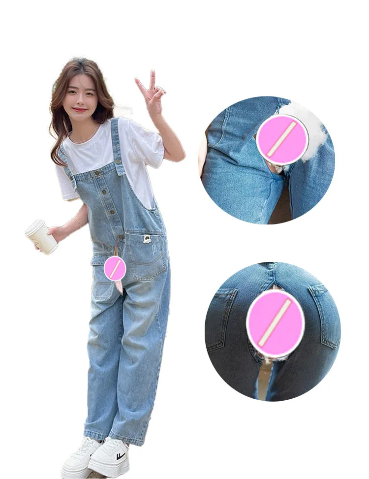 Invisible Open Crotch Sex Pants Women's Lapel Sleeveless Slim Fit One Piece Denim Jumpsuit Zipper Up Full Length Jeans Overalls