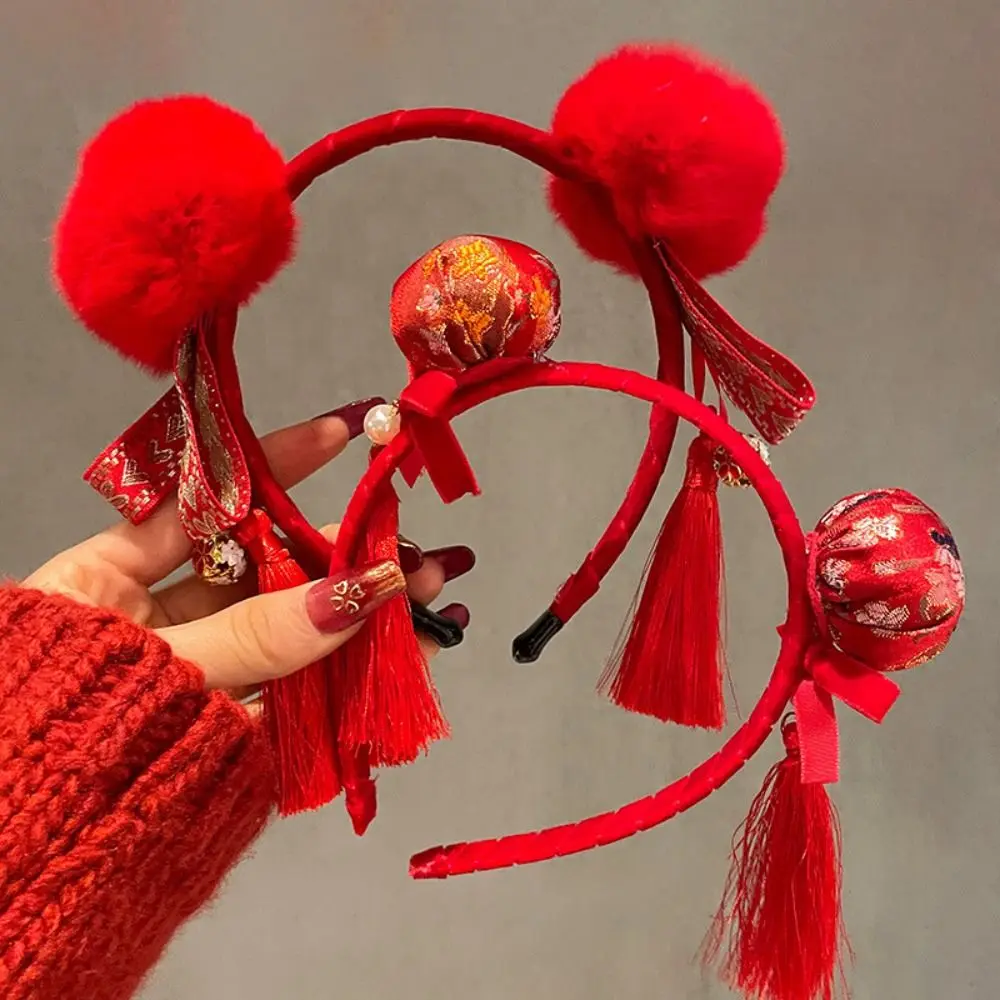 Red Hairband New Year Hair Ball Flower Chinese Style Headdress Tassel Red Bow Headband Girl hair accessories hair bands hair headband accessories