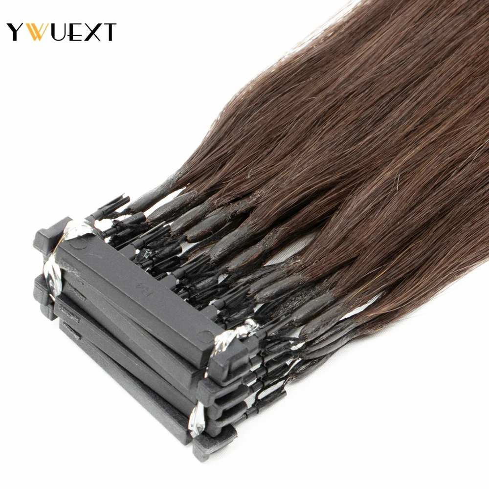 YWUEXT Dark Brown 2# 6D-2 Hair Extensions Natural Straight 16" 20" 24" Machine Remy Human Hair Micro Rings 5 pins
