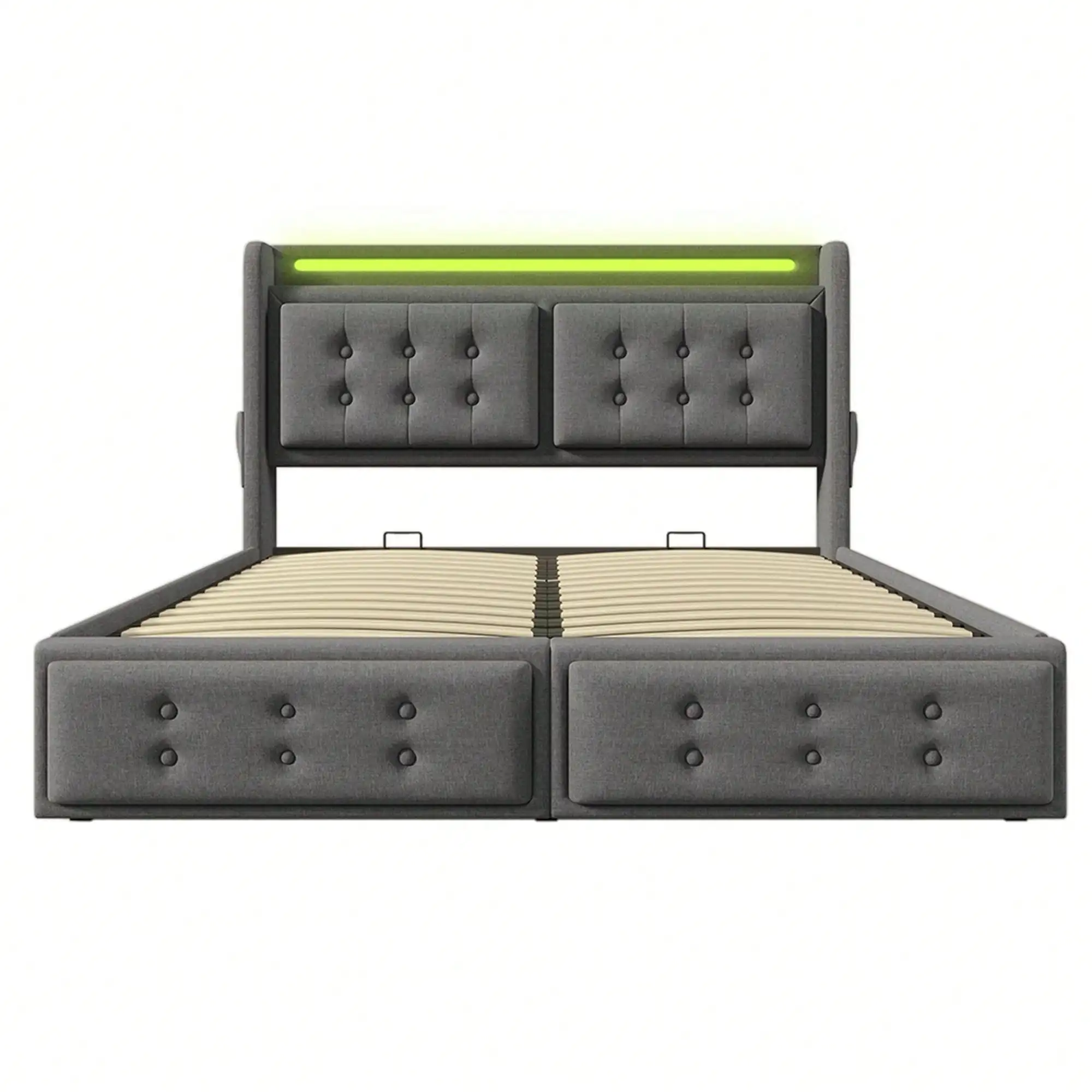 KOMHTOM Double Bed with LED and USB C Bed Base, Storage Chest and Headboard, Padded with Frame 160 x 200 cm,Without Mattress