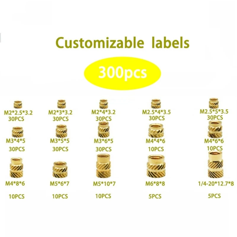 300Pcs 2/2.5/3/4/5/6mm 스레드 인서트 3D 인쇄용 널링 너트 인서트