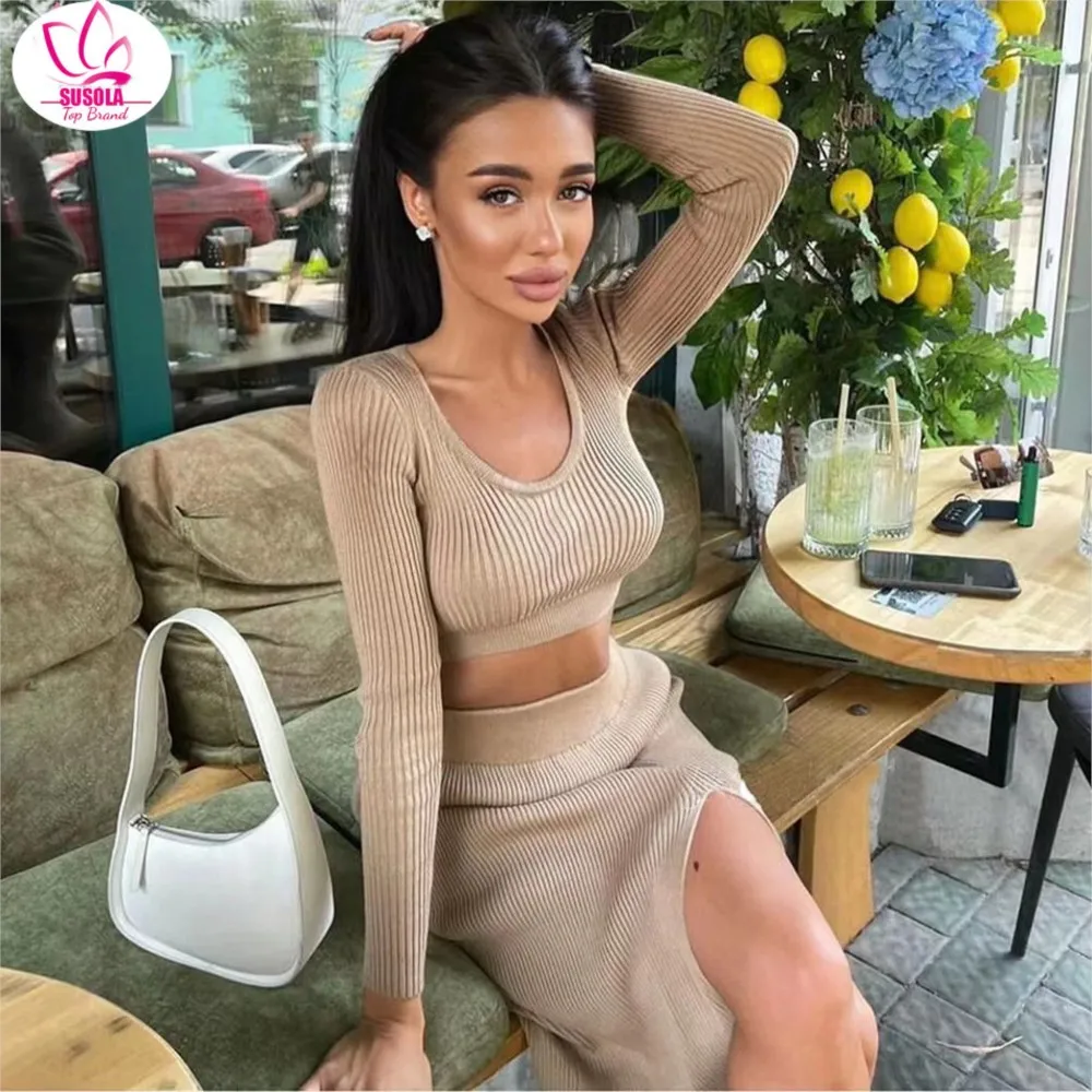 

Lady Knitted Winter Women Sexy Sweater Skirt Suit Trend Long Sleeve Crop Tops And Long Split Skirt Dress Two Piece Sets