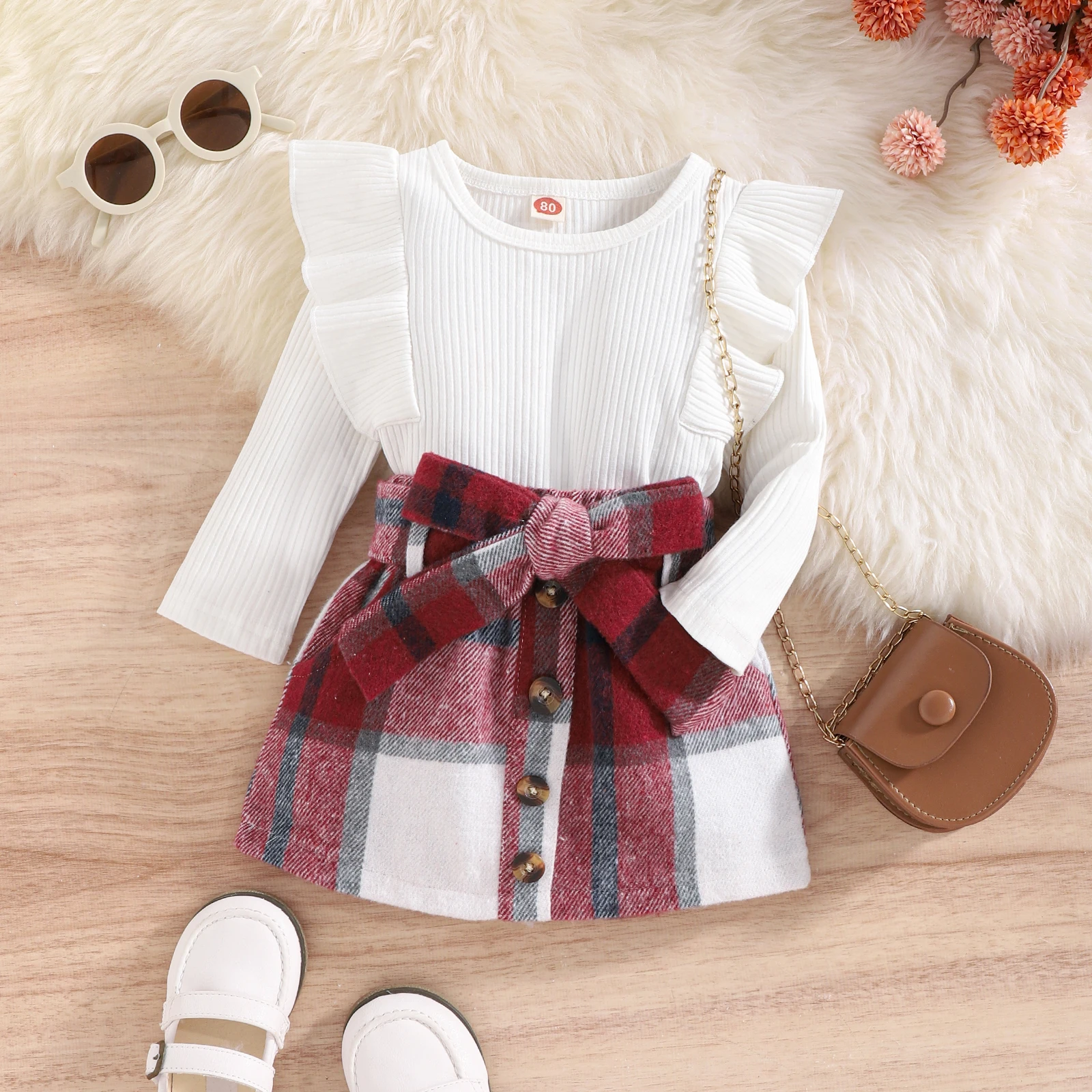 Citgeett Autumn Kids Toddler Girls Outfit Sets Solid Color Long Sleeve Ribbed Tops + Plaid Skirt Belt Spring Clothes