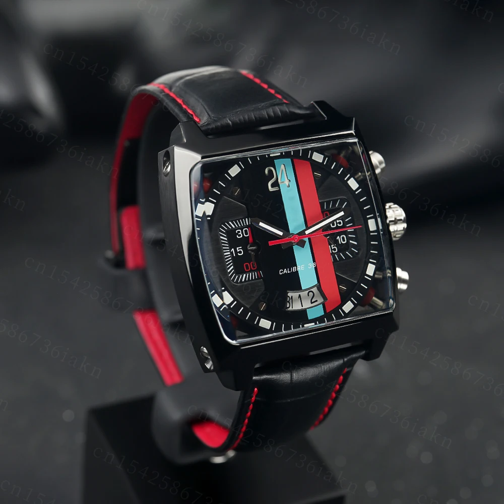 2022Fashion New Men's Color Bar Square Dial Sapphire Mirror Stainless Steel Leather Strap Sports Leisure Waterproof Quartz Watch