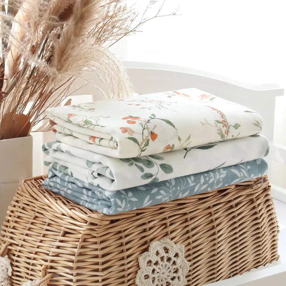 Bamboo Cotton Baby Muslin Swaddle 2 Layers New Born Floral Diaper