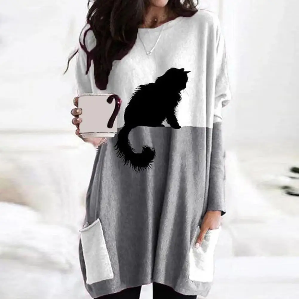 

Printed Decoration Blouse Stylish Women's Long Sleeve Sweater Soft Stretchy Black Cat Print Top with Pocket Comfortable Casual
