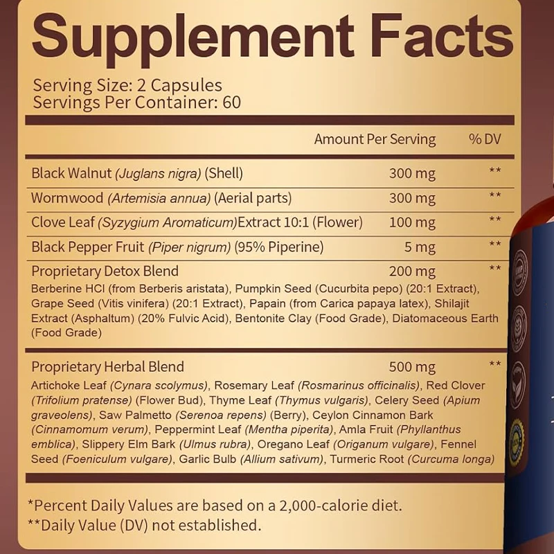 Black walnuts, cloves,pumpkin seed oil, garlic,and cowhide,60 capsules 6 S477671bbf03947b7bc4223e425b6dcdf9