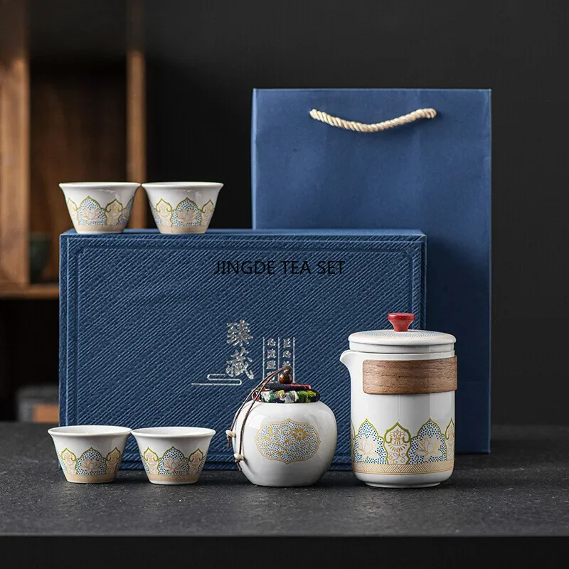 Outdoor Tea Ceremony Portable 1 Pot 4 Cups Travel Gift Box Luxury Chinese English Cup Set