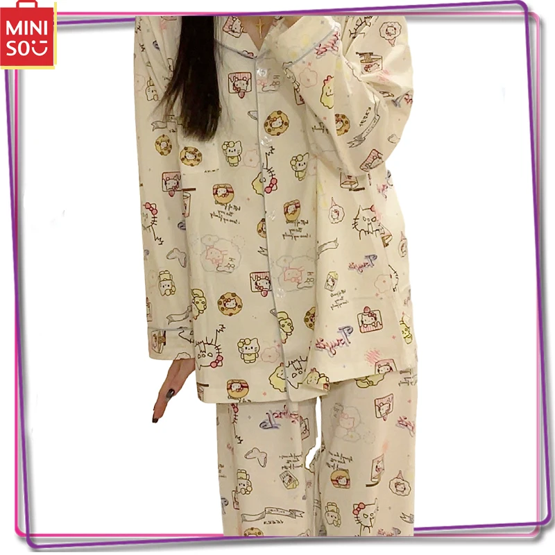 

New Miniso Sanrio Hello Kitty Women's Spring and Autumn Pajama Set Y2K Home Furnishing Long Sleeved Pants Casual Pajama Gift