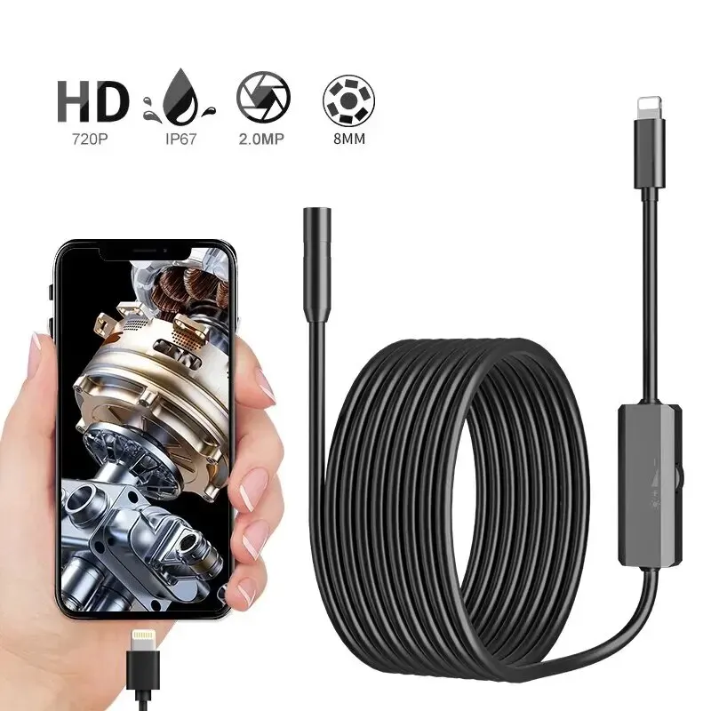 Endoscope Camera 2.0MP HD Borescope with 8 Adjustable LED Lights 8mm IP67 Waterproof Inspection Camera Supports IOS System