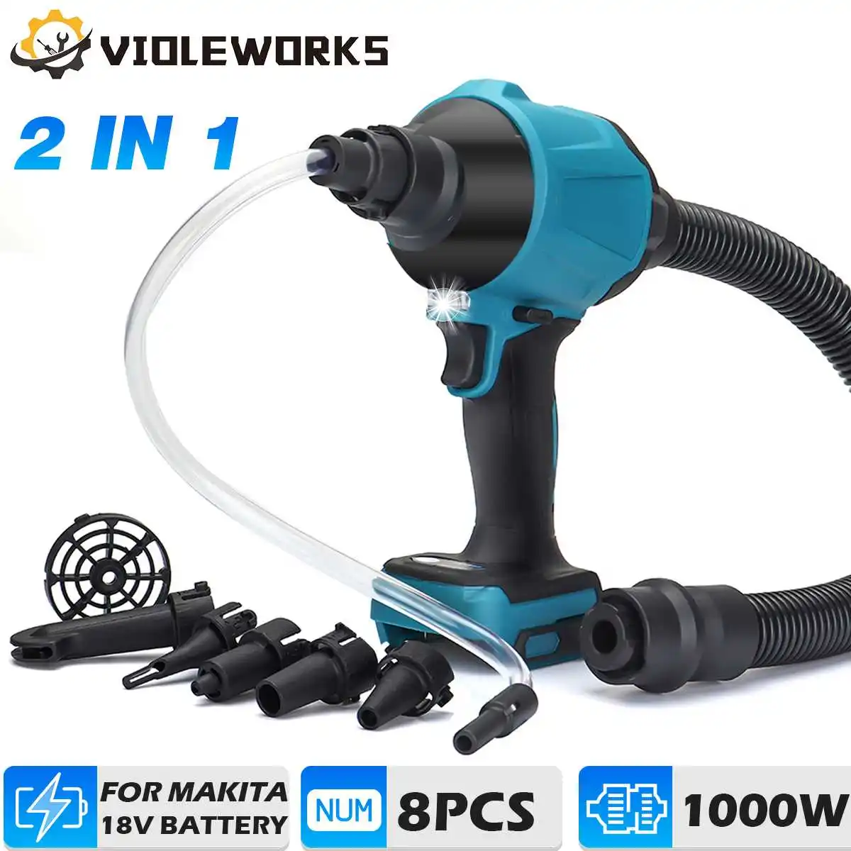 

VIOLEWORKS 8 Pcs 45000rpm 1000W Cordless Dust Blower Inflator Vacuum Function Multifunction Toy Blower For Makita 18V Battery