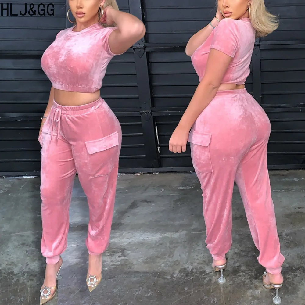 HLJ&GG Fashion Solid Velvet Two Piece Sets Women Round Neck Short Sleeve Crop Top + Drawstring Pocket Cargo Pants Sporty Outfits