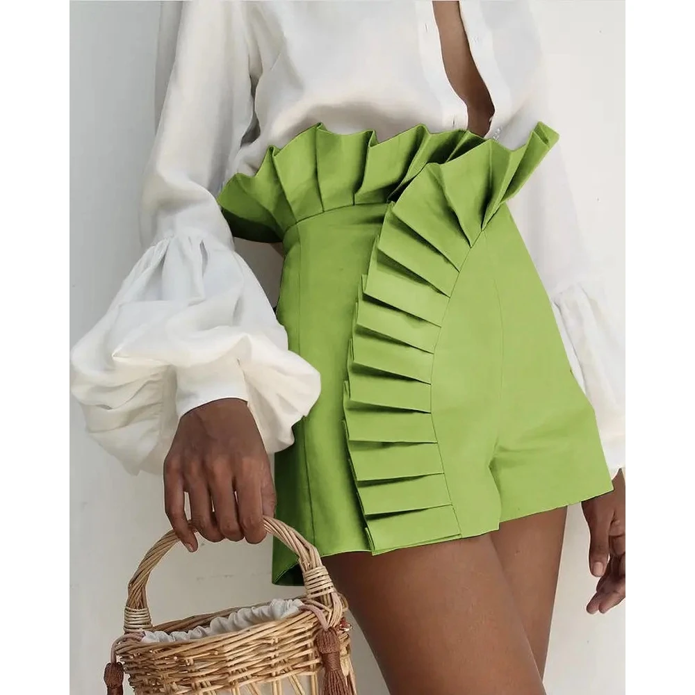 

Summer Women Ruffle Hem Ruched Deisgn Shorts Female Casual High Waist Elegant Skinny Hot Pants Outfits Fashion Korean Style