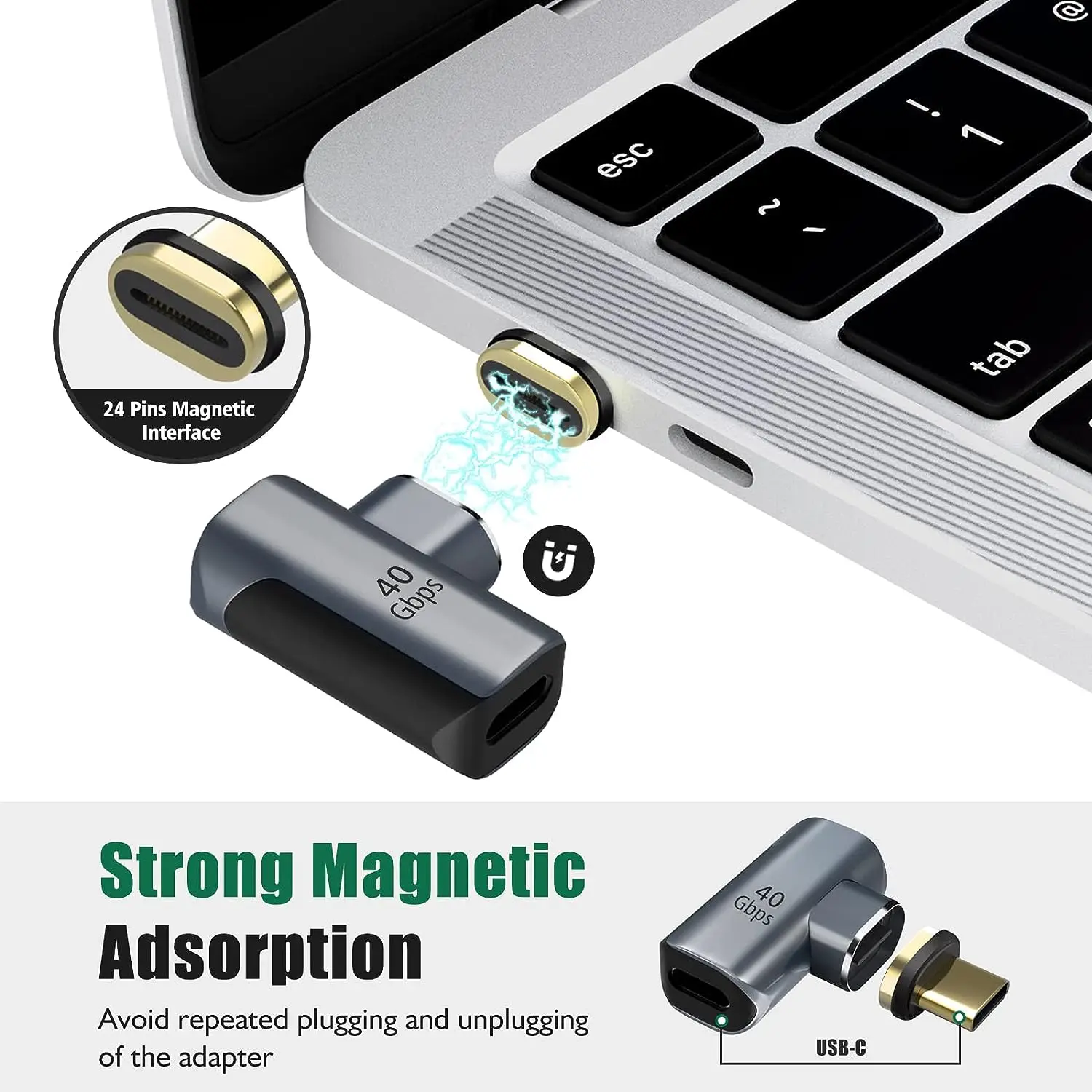 USB C Magnetic Adapter 90 Degree Magnetic USB C Adapter 24 Pins with PD 100W Fast Charge USB 4.0 40Gbps 8K 60Hz