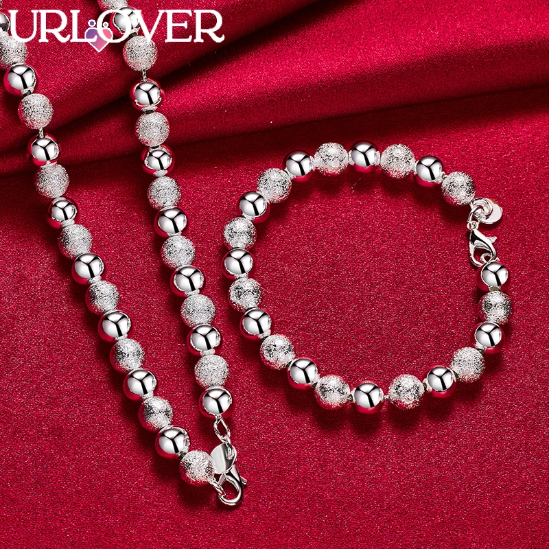

URLOVER 2pcs/lot 925 Sterling Silver Frosted Smooth Alternating Beads Necklace Bracelets Set For Woman Party Fashion Jewelry