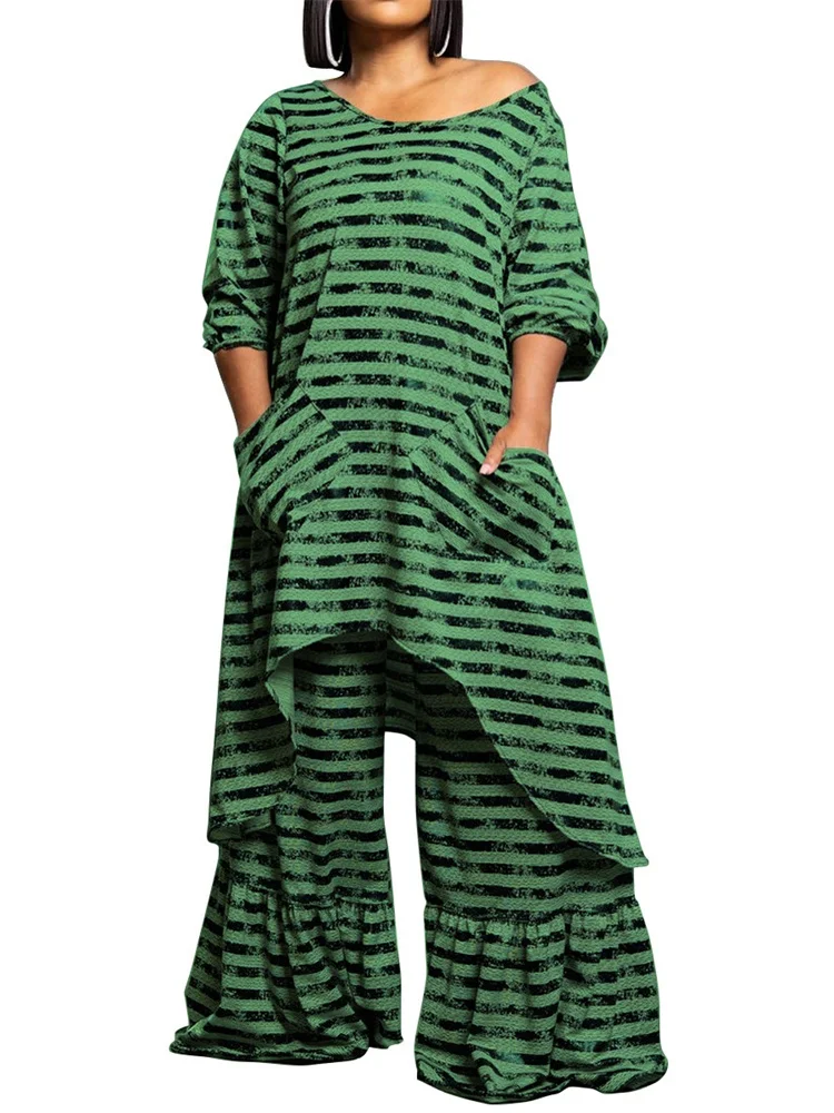 Wmstar Plus Size Two Piece Women Clothing Long Sleeve Long Top and Pants Sets Striped Matching Set Wholesale Dropshopping 2024