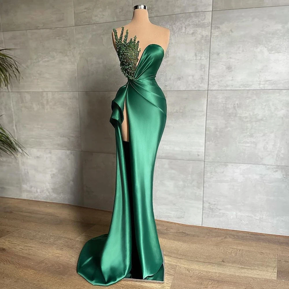 

Green Luxury Satin Evening Dresses Sexy Sweetheart Mermaid Women's Formal Party Prom Gowns Sleeveless Vestidos De Noche Robes