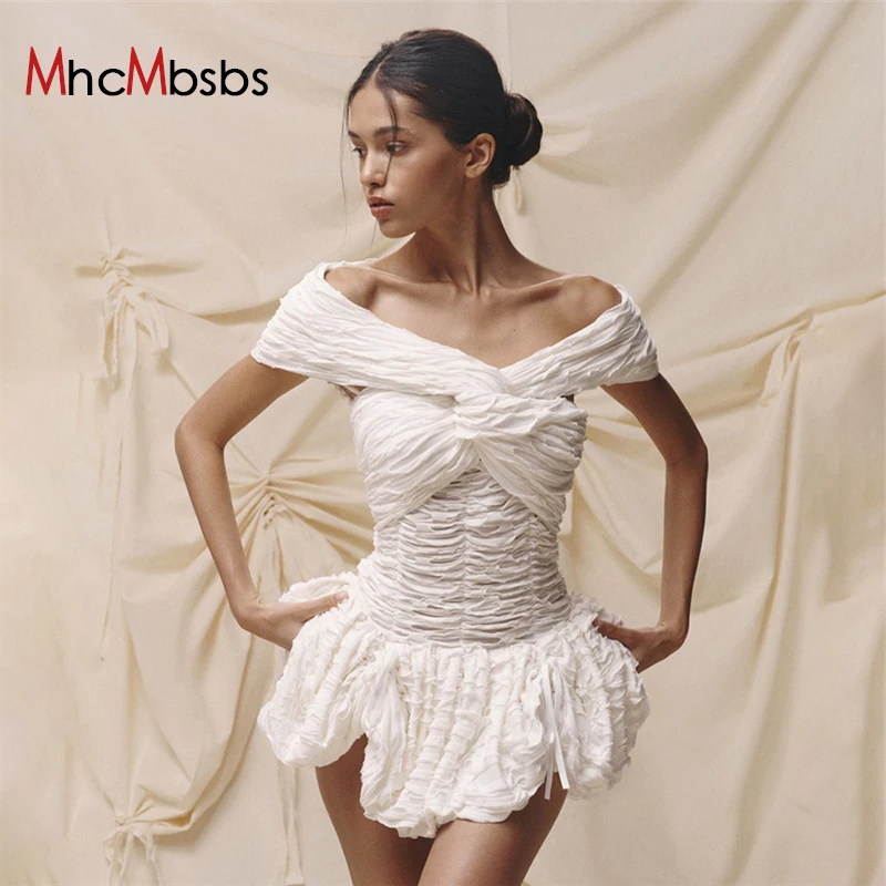 

Sexy Slash Neck Cross Lace Up Corset Mini Dress Women Off Shoulder Drawstring Ruched Short Party Vestido 2024 Summer Y2K Clothes