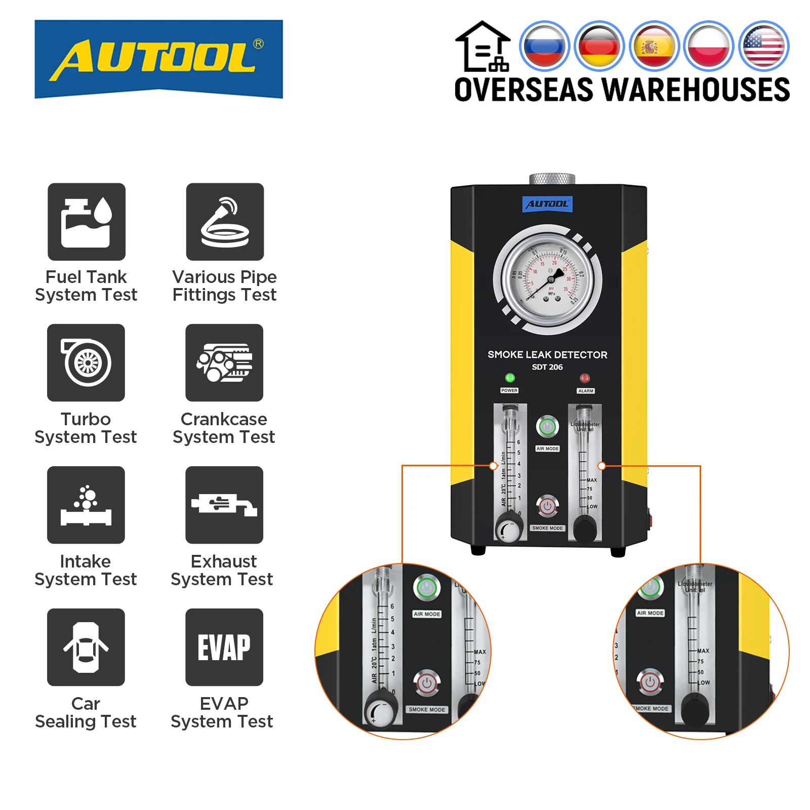 

Модернизированный автомобильный детектор утечки дыма AUTOOL SDT206, прибор для измерения выхлопных газов, локатор утечки, Автомобильная диагностика систем труб