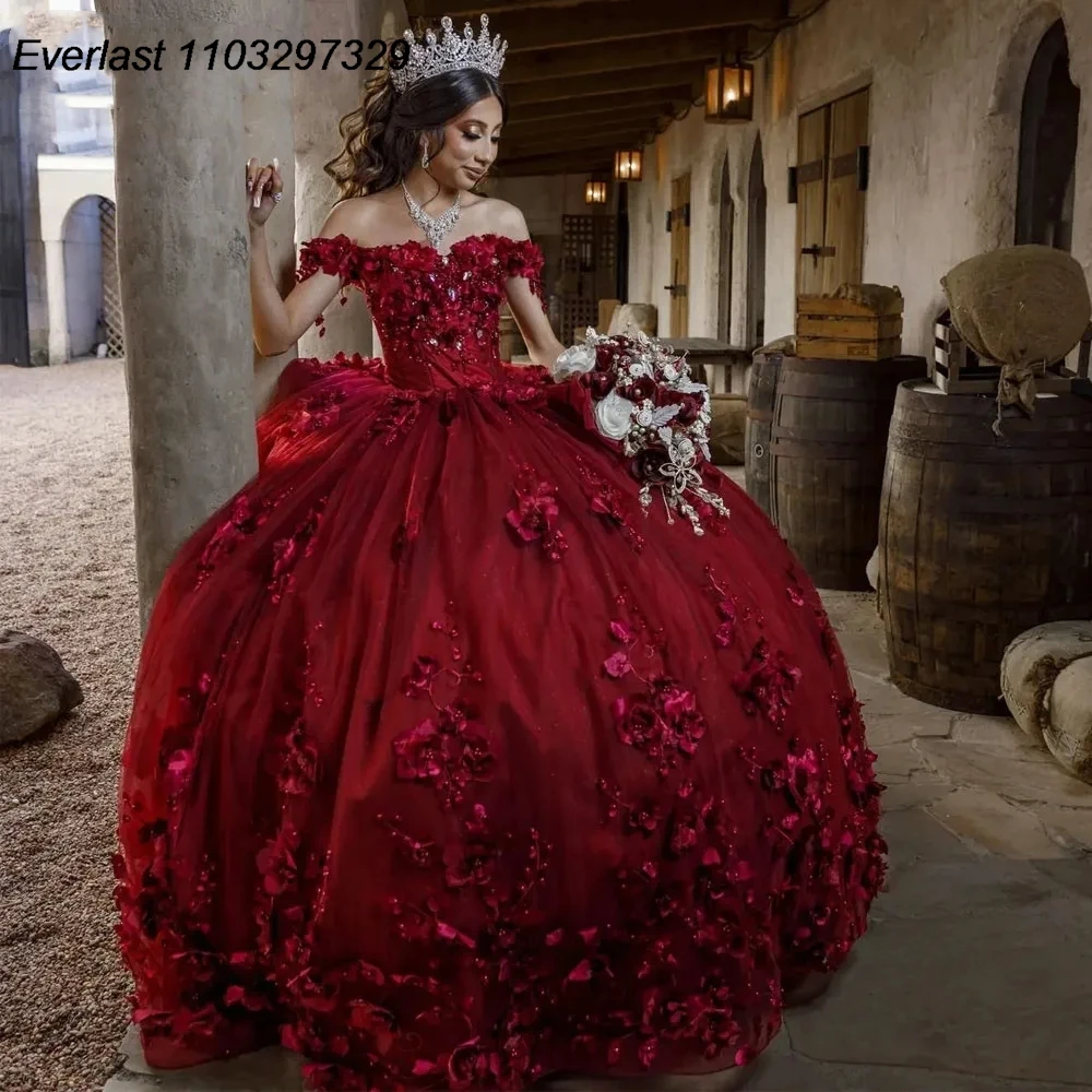 Quinceanera Dress Burgundy Ball Gown Floral Applique Beads Mexican Corset Sweet 16 Vestidos De 15 Anos TQD836