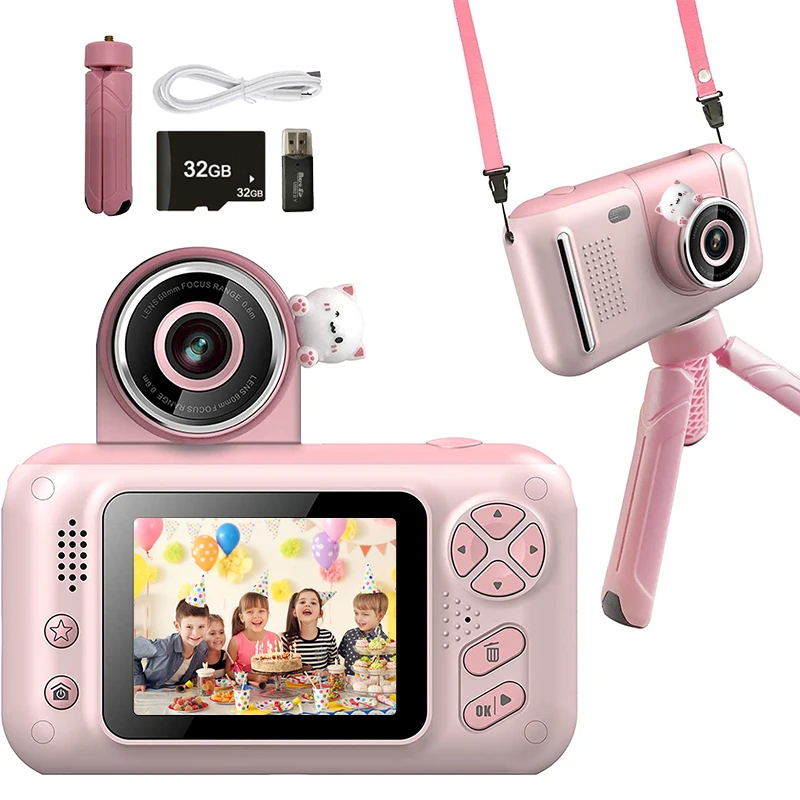 A Mini Digital Cartoon Camera, perfect for kids interested in on-the-go photography. This adorable pink camera comes with a built-in microphone and additional accessories.