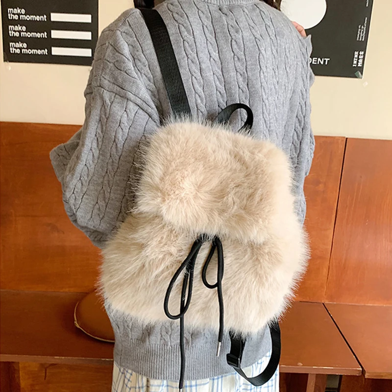Winter Soft Plush Women's Backpack Solid Color Luxury Fake Fur Shoulder Handbag Fashionable Ladies Schoolbag for Females