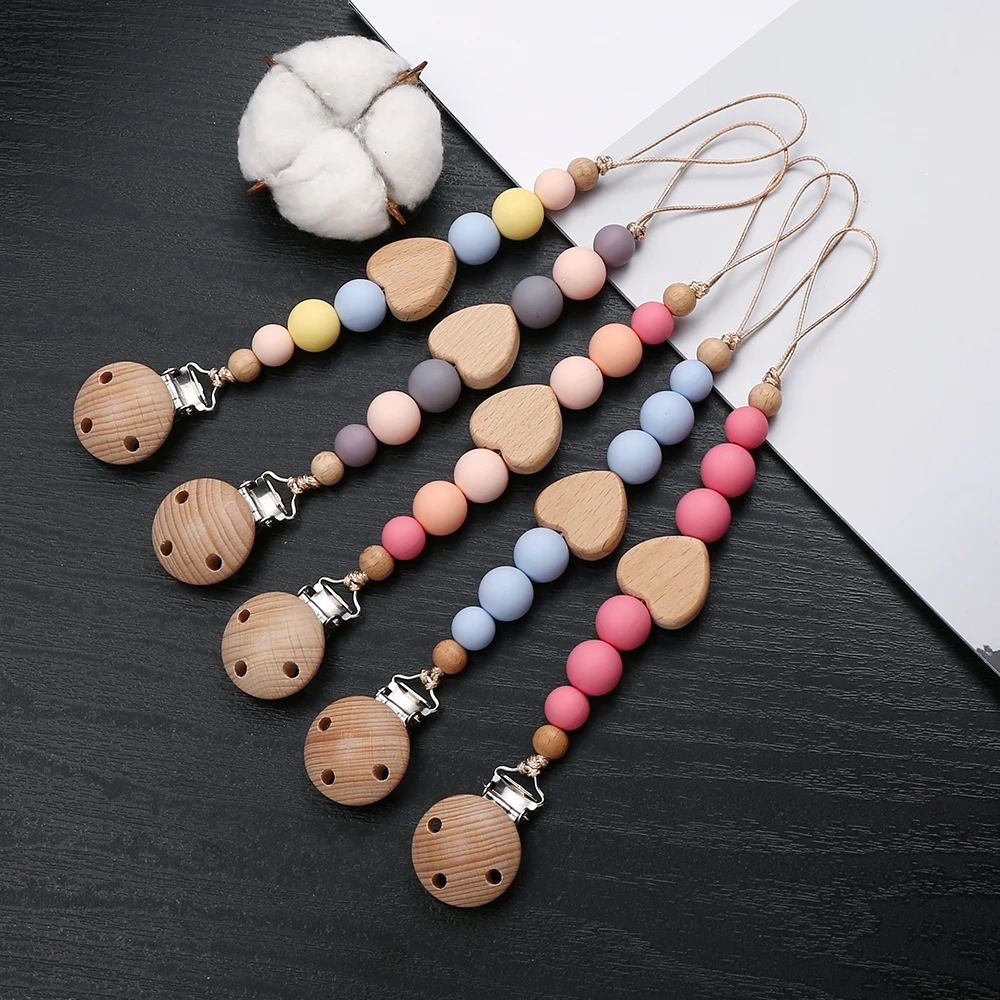 Beech Wooden Heart Beads Baby Pacifier Chain Clip Silicone Beads Dummy Nipple Holder Teether Pendant for Newborn Toys Gift