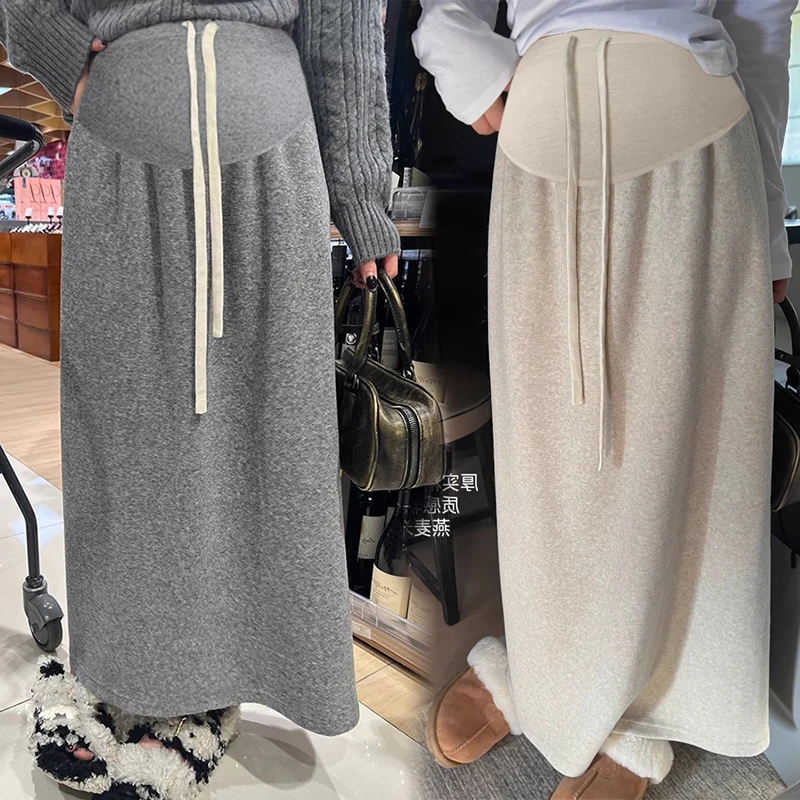 Autumn Winter Cashmere Long Skirts Maternity One Size Stretch Elastic Waist Belly Loose Straight for Pregnant Women Pregnancy