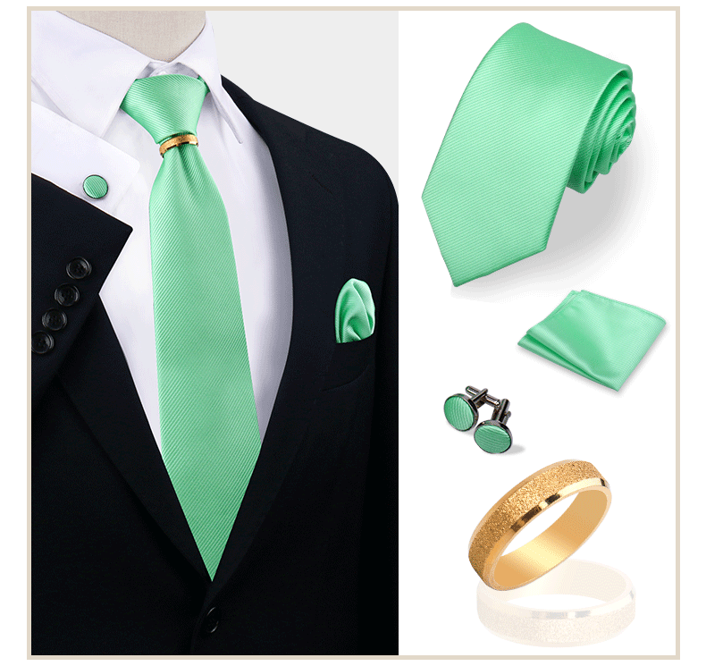 Luxus-Krawattenset in Uni-Farbe für Herren, Krawatte, Taschentuch, Manschettenknöpfe mit goldenem Metallring, Brosche, Anzug, Hochzeit, Herren-Accessoires – Detail 16