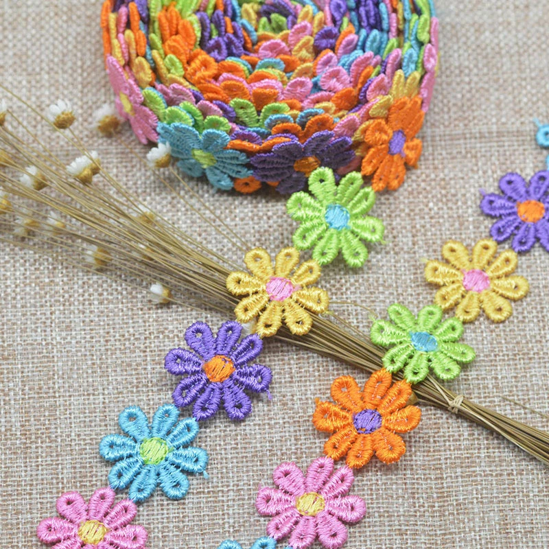 15yards Colorful Daisy Flower Embroidery Lace Butterfly Embroidered Water-Soluble Lace DIY Hat Clothing Decorative Accessories
