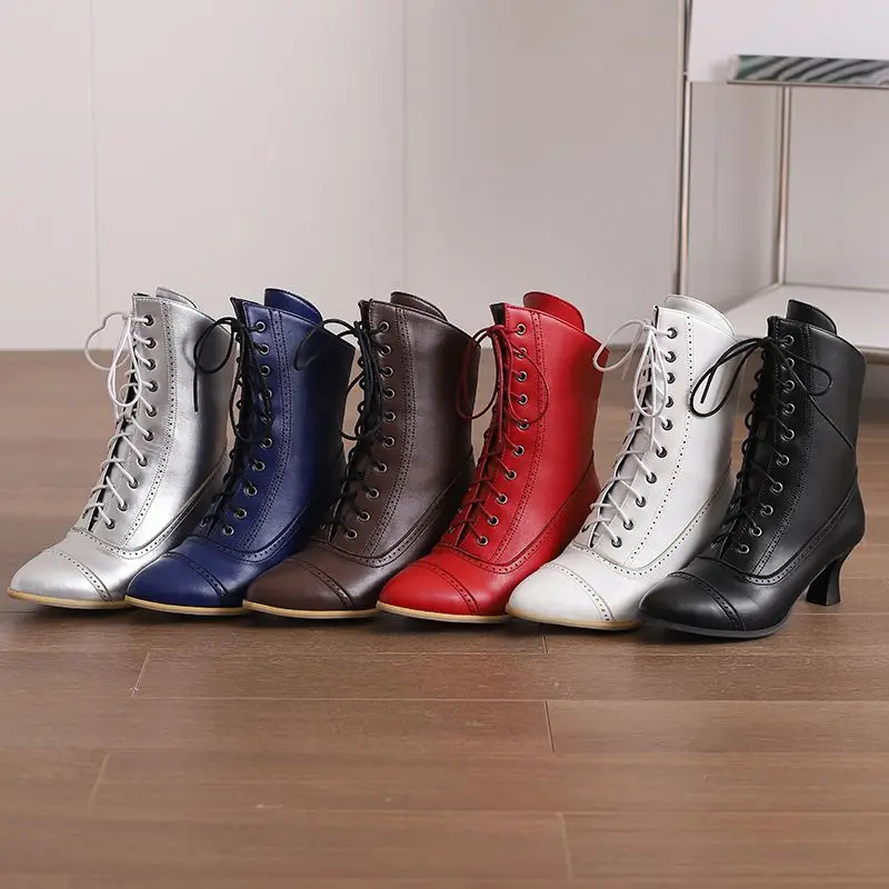 Kcenid Autumn Winter Women Modern Punk Boots Pointed Toe Lace Up Med Strange Heel Fashion Ankle Western Boots Shoes Woman