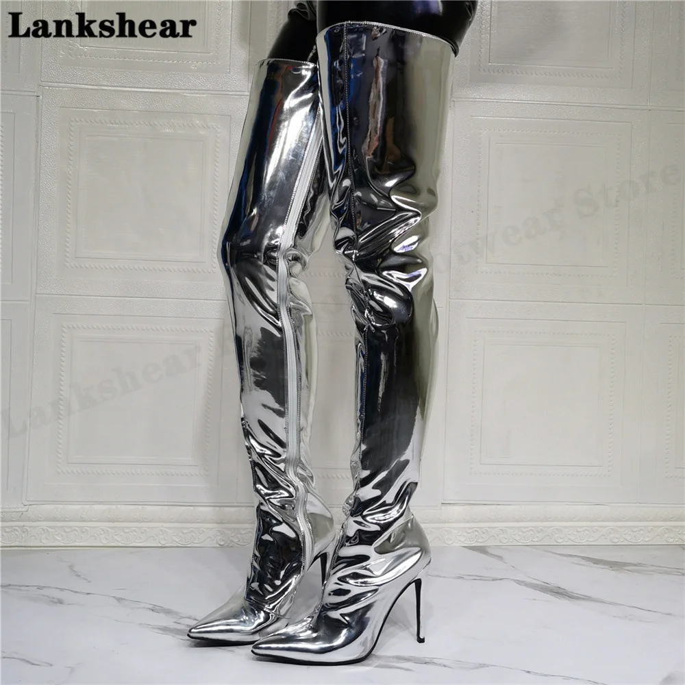 Silver Patent Over The Knee Boots Square Toe Knee High Boots Block High Heel Leather Dress Women Boots Winter Fashion Shoes